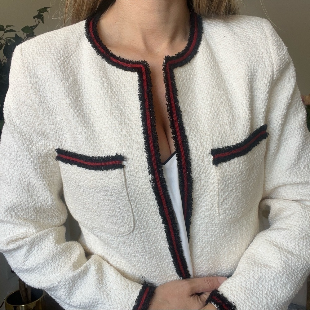 Gerard Darel Ivory Woven Tweed Blazer Long Sleeves Mock Neck Mid Length Summer M - Picture 4 of 15